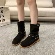 Black and Beige Suede Ankle Boots with Studded Straps for Women