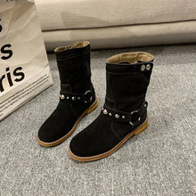 Black and Beige Suede Ankle Boots with Studded Straps for Women