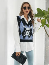 Black and Blue Argyle Sweater Vest with Skull and Crossbones Design Woman Outerwear