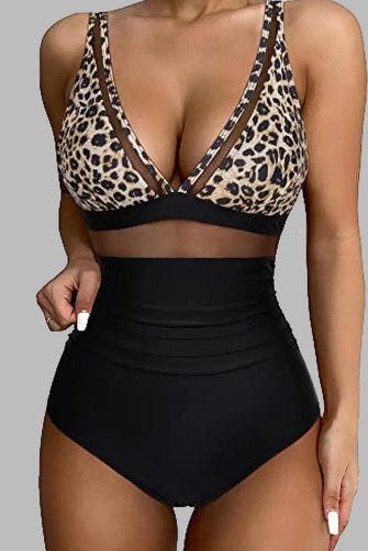 Leopard Print and Black Ruched High Waisted Swimsuit with Mesh Dress Black