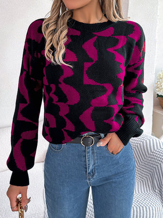 Black and Magenta Long Sleeve Patterned Sweater Deep Rose