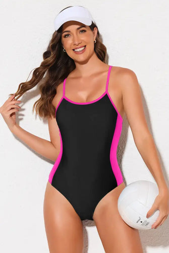 Black and Pink One-Piece Swimsuit with Removable Padding Hot Pink Swimwear