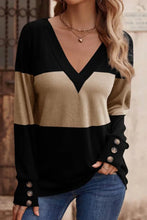 Black and Tan Color Blocked V Neck Shirt with Decorative Button Camel