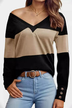 Black and Tan Color Blocked V Neck Shirt with Decorative Button