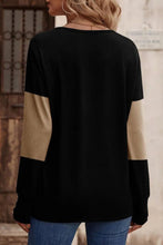 Black and Tan Color Blocked V Neck Shirt with Decorative Button