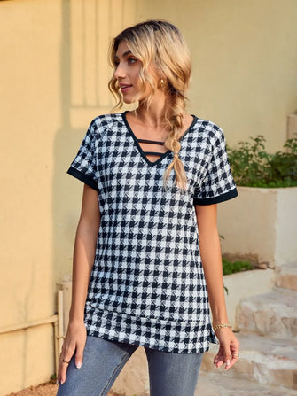 Black and White Checkered Tunic Top with Short Sleeve Length for Women Dark Blue