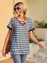 Black and White Checkered Tunic Top with Short Sleeve Length for Women