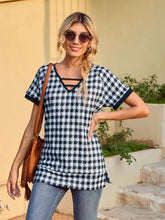 Black and White Checkered Tunic Top with Short Sleeve Length for Women