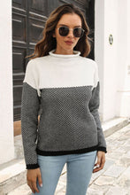 Color Blocked Chevron Knit Sweater with Long Sleeve and Mock Neck Black