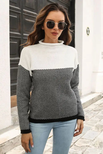 Color Blocked Chevron Knit Sweater with Long Sleeve and Mock Neck Black Sweater Pullovers