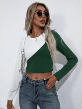 Womens Long Sleeve Color Block Crop Top with Round Neck Woman T Shirts