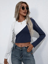 Womens Long Sleeve Color Block Crop Top with Round Neck Woman T Shirts