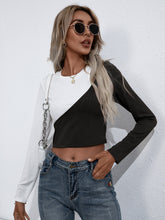 Womens Long Sleeve Color Block Crop Top with Round Neck