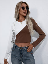 Womens Long Sleeve Color Block Crop Top with Round Neck