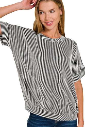 Black and White Corded Rib Short Sleeve T-Shirt for Women BLACK
