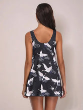 Black and White Crane Print Swim Dress Swimwear