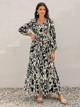 Black and White Floral Maxi Dress with Tie and Ruched Details Maxi Dresses