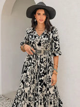 Black and White Floral Maxi Dress with Tie and Ruched Details Maxi Dresses