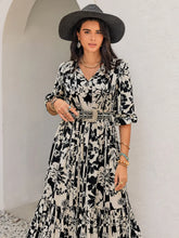 Black and White Floral Maxi Dress with Tie and Ruched Details
