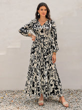 Black and White Floral Maxi Dress with Tie and Ruched Details