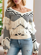 Black and White Fringe Sweater Long Sleeve Pullover Acrylic Beige