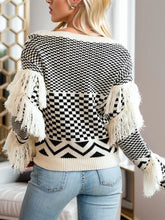 Black and White Fringe Sweater Long Sleeve Pullover Acrylic