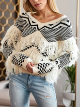 Black and White Fringe Sweater Long Sleeve Pullover Acrylic
