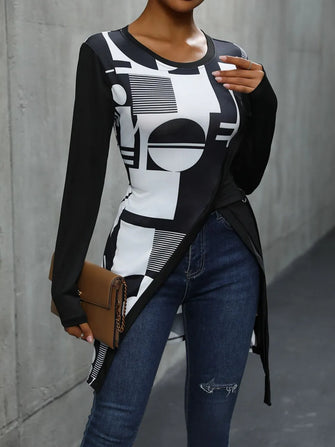 Black and White Geometric Print Asymmetrical Long Sleeve Tunic Top Black