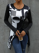 Black and White Geometric Print Asymmetrical Long Sleeve Tunic Top