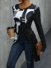 Black and White Geometric Print Asymmetrical Long Sleeve Tunic Top