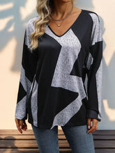 Black and White Geometric V Neck Long Sleeve Top for Women Black