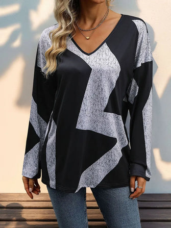 Black and White Geometric V Neck Long Sleeve Top for Women Black