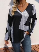Black and White Geometric V Neck Long Sleeve Top for Women