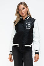 Leather Contrast Snap Varsity Bomber Jacket for Women Black and White Black White