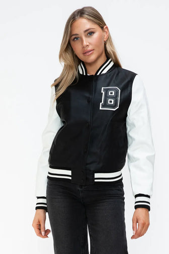 Leather Contrast Snap Varsity Bomber Jacket for Women Black and White Black White