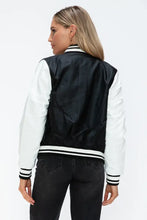 Black and white leather contrast snap varsity bomber jacket for women