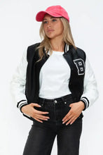 Leather Contrast Snap Varsity Bomber Jacket for Women Black and White Woman Outerwear