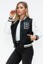 Leather Contrast Snap Varsity Bomber Jacket for Women Black and White Woman Outerwear