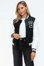Black and white leather contrast snap varsity bomber jacket for women
