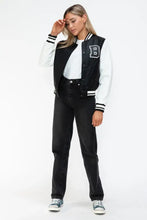 Leather Contrast Snap Varsity Bomber Jacket for Women Black and White Woman Outerwear