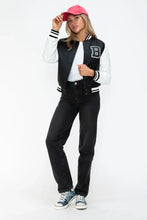 Leather Contrast Snap Varsity Bomber Jacket for Women Black and White Woman Outerwear