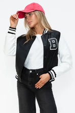 Leather Contrast Snap Varsity Bomber Jacket for Women Black and White Woman Outerwear