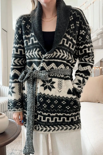 Black and White Patterned Knit Cardigan with Belt Basic Style Black