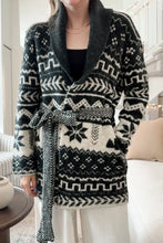 Black and White Patterned Knit Cardigan with Belt Basic Style Woman Outerwear