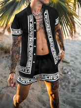 Black and White Patterned Men’s Shirt and Shorts Set Black