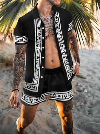 Black and White Patterned Men’s Shirt and Shorts Set Black
