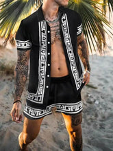 Black and White Patterned Men’s Shirt and Shorts Set Black Mens Sets