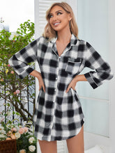 Black and White Plaid Shirt Dress with Lapel Collar and Long Sleeves