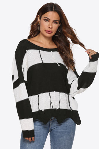 Black and White Striped Backless Sweater with Long Sleeve Length Stripe One Size
