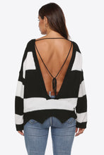 Black and White Striped Backless Sweater with Long Sleeve Length